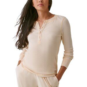 Bass Outdoor Womens Size L Ecru Soft Button Front Waffle Knit Henley Top‎ NWT